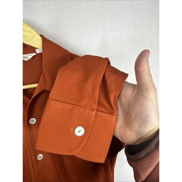 Vintage 70s Capri West Disco Shirt Rust Orange Big Collar Polyester 15.5 M - Picture 2 of 6